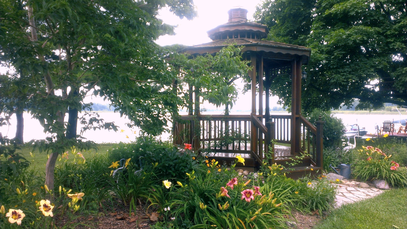 Front side of Cedar Gazebo with Daylilies starting their bloom